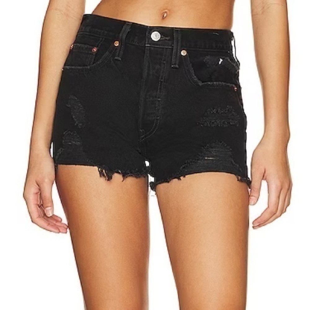 Levi’s 501 Black Distressed High Rise Raw Hem Denim Jean Shorts Size 30 NWT